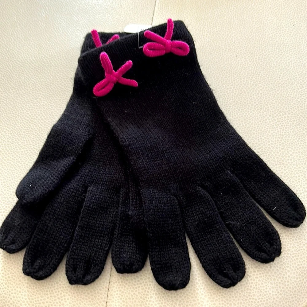 Claiborne Stretch Knit Gloves Black Pink Bows NEW Feminine Girly Glam